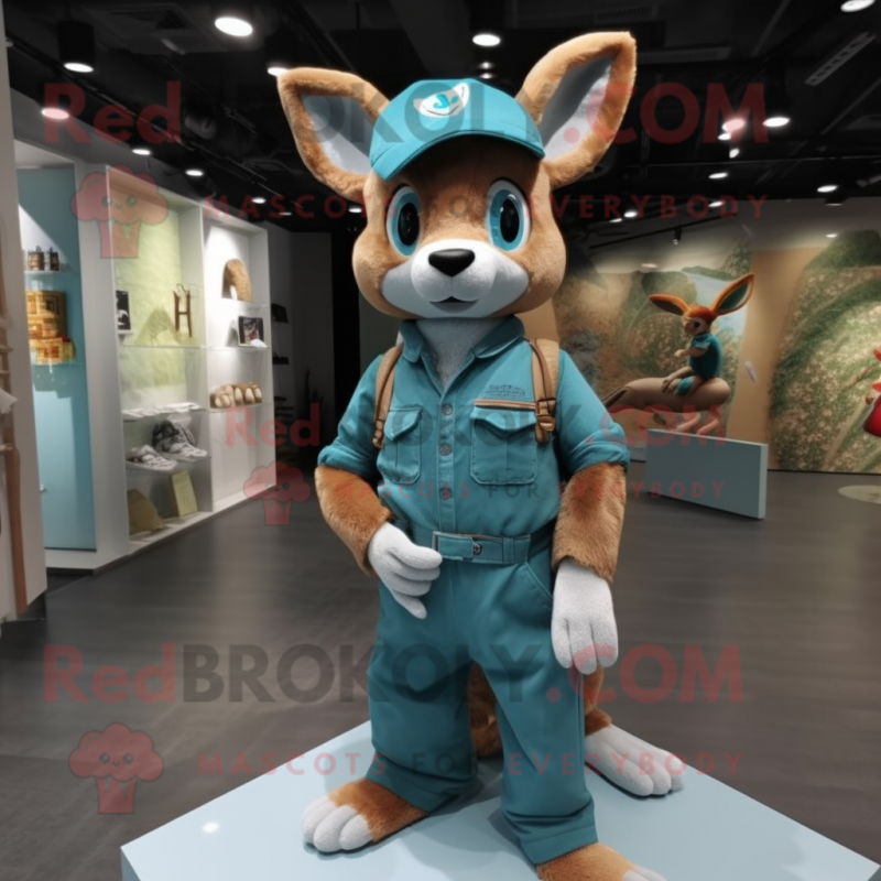 Turquoise Roe Deer mascot costume character dressed with a Overalls and Berets Turquoise Roe Deer mascot costume character dressed with a Overalls and Berets