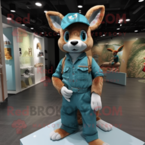 Turquoise Roe Deer mascot costume character dressed with a Overalls and Berets