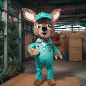 Turquoise Roe Deer mascot costume character dressed with a Overalls and Berets