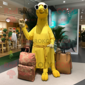 Lemon Yellow Camel mascot costume character dressed with a Swimwear and Handbags