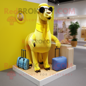 Lemon Yellow Camel mascot costume character dressed with a Swimwear and Handbags