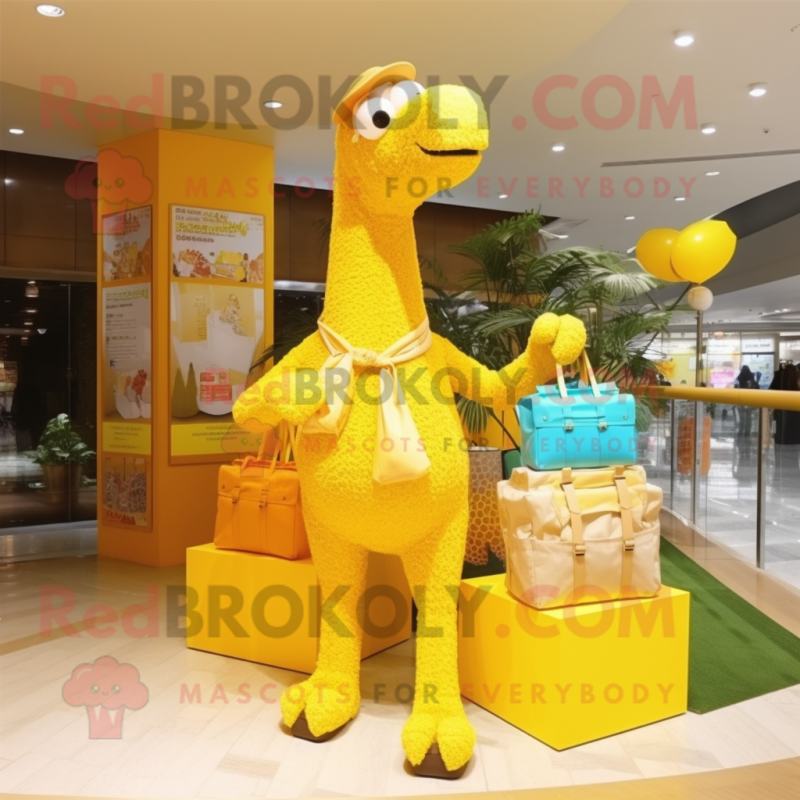 Lemon Yellow Camel mascot costume character dressed with a Swimwear and Handbags Lemon Yellow Camel mascot costume character dressed with a Swimwear and Handbags