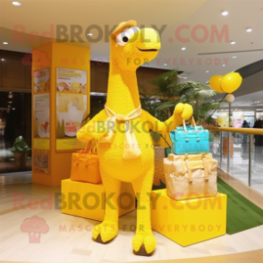 Lemon Yellow Camel mascot costume character dressed with a Swimwear and Handbags