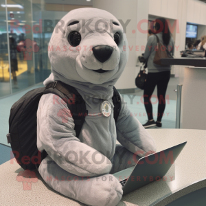 Gray Seal mascot costume character dressed with a Hoodie and Messenger bags