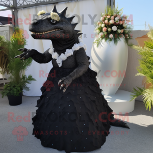 Black Ankylosaurus mascot costume character dressed with a Wedding Dress and Rings