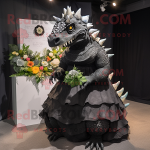 Black Ankylosaurus mascot costume character dressed with a Wedding Dress and Rings
