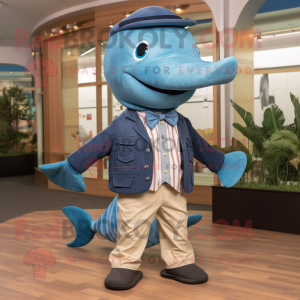 Turquoise Blue Whale mascot costume character dressed with a Chambray Shirt and Bow ties