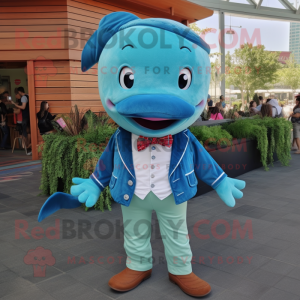 Turquoise Blue Whale mascot costume character dressed with a Chambray Shirt and Bow ties