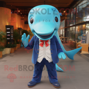Turquoise Blue Whale mascot costume character dressed with a Chambray Shirt and Bow ties