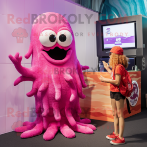 Magenta Fried Calamari mascot costume character dressed with a Swimwear and Watches