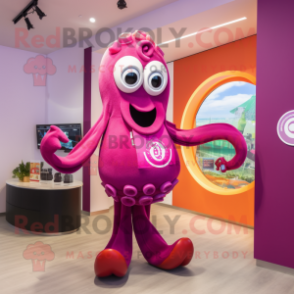 Magenta Fried Calamari mascot costume character dressed with a Swimwear and Watches