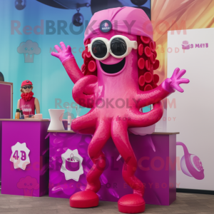 Magenta Fried Calamari mascot costume character dressed with a Swimwear and Watches