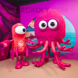 Magenta Fried Calamari mascot costume character dressed with a Swimwear and Watches