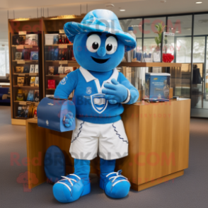 Blue Pepper mascot costume character dressed with a Rugby Shirt and Wallets