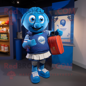 Blue Pepper mascot costume character dressed with a Rugby Shirt and Wallets