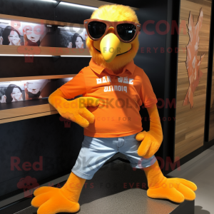 Orange Crow mascot costume character dressed with a Graphic Tee and Sunglasses
