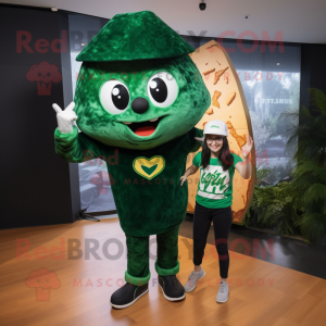 Forest Green Pizza Slice mascot costume character dressed with a V-Neck Tee and Beanies