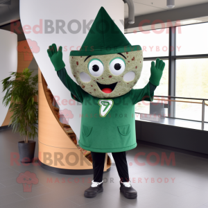 Forest Green Pizza Slice mascot costume character dressed with a V-Neck Tee and Beanies