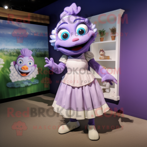 Lavender Cod mascot costume character dressed with a Pleated Skirt and Shoe clips