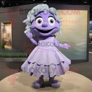 Lavender Cod mascot costume character dressed with a Pleated Skirt and Shoe clips