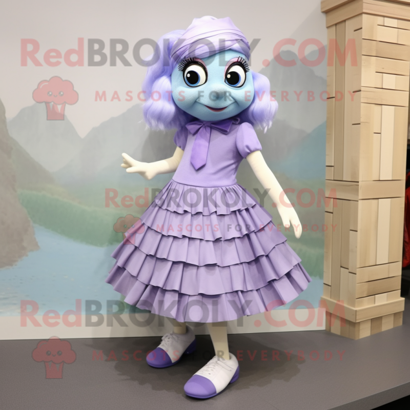 Lavender Cod mascot costume character dressed with a Pleated Skirt and Shoe clips