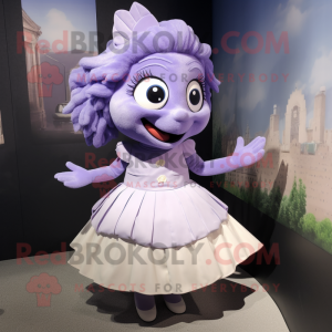Lavender Cod mascot costume character dressed with a Pleated Skirt and Shoe clips