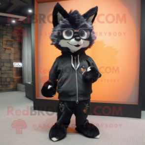 Black Fox mascot costume character dressed with a Sweatshirt and Eyeglasses