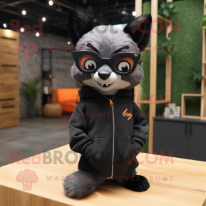 Black Fox mascot costume character dressed with a Sweatshirt and Eyeglasses