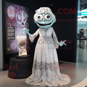 White Undead mascot costume character dressed with a Evening Gown and Coin purses