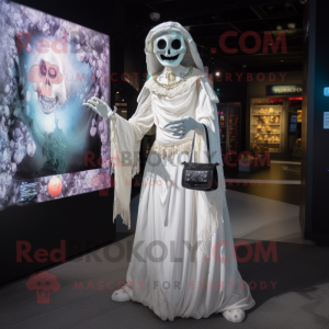 White Undead mascot costume character dressed with a Evening Gown and Coin purses