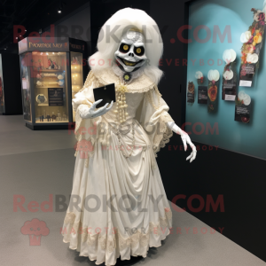 White Undead mascot costume character dressed with a Evening Gown and Coin purses