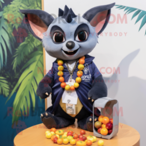 Navy Fruit Bat mascot costume character dressed with a Blazer and Necklaces