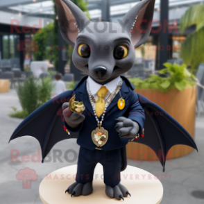 Navy Fruit Bat mascot costume character dressed with a Blazer and Necklaces