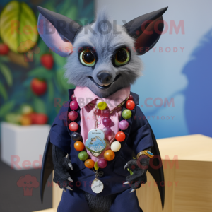 Navy Fruit Bat mascot costume character dressed with a Blazer and Necklaces