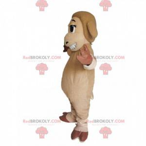 Mascotte de mouton beige et marron avec un beau sourire -