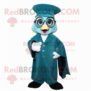 Teal Hourglass mascot costume character dressed with a Coat and Reading glasses