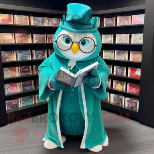 Teal Hourglass mascot costume character dressed with a Coat and Reading glasses