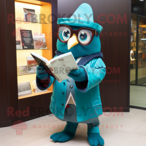 Teal Hourglass mascot costume character dressed with a Coat and Reading glasses