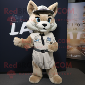 Tan Lynx mascot costume character dressed with a A-Line Dress and Caps
