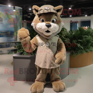 Tan Lynx mascot costume character dressed with a A-Line Dress and Caps
