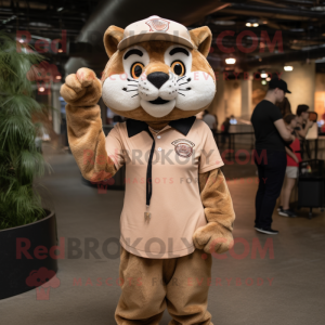 Tan Lynx mascot costume character dressed with a A-Line Dress and Caps