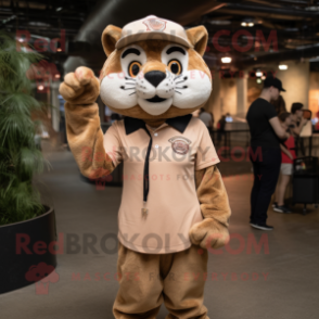 Tan Lynx mascot costume character dressed with a A-Line Dress and Caps