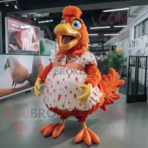 Rust Chicken mascot costume character dressed with a A-Line Skirt and Foot pads