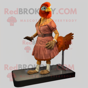 Rust Chicken mascot costume character dressed with a A-Line Skirt and Foot pads