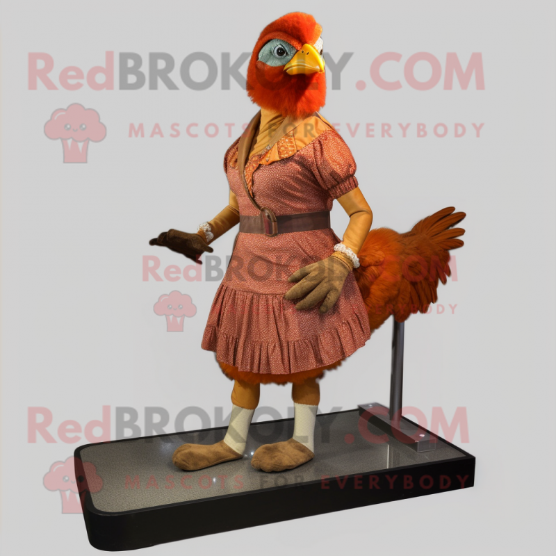Rust Chicken mascot costume character dressed with a A-Line Skirt and Foot pads Rust Chicken mascot costume character dressed with a A-Line Skirt and Foot pads