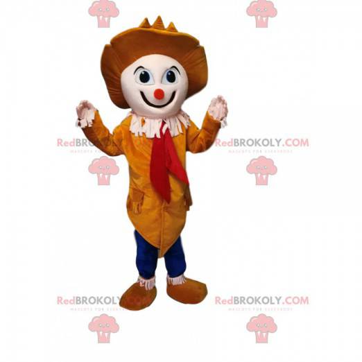 Clown mascot with a small orange nose and a pretty yellow hat -