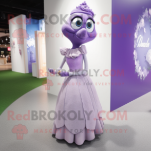 Lavender Alliance mascot costume character dressed with a Evening Gown and Clutch bags