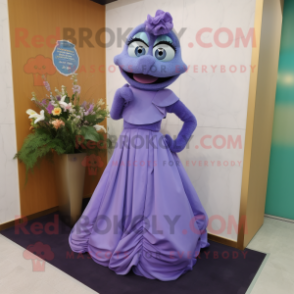 Lavender Alliance mascot costume character dressed with a Evening Gown and Clutch bags
