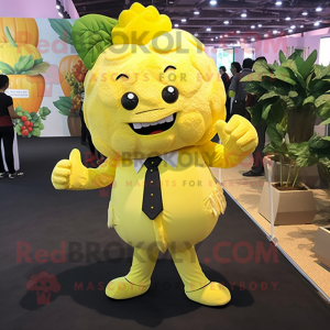 Lemon Yellow Cauliflower mascot costume character dressed with a Suit Jacket and Anklets