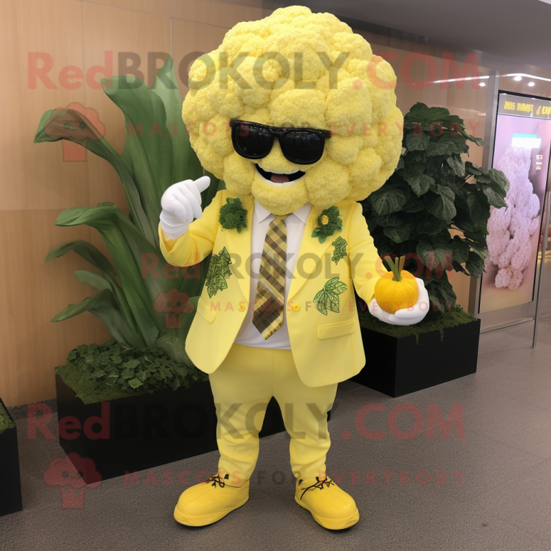 Lemon Yellow Cauliflower mascot costume character dressed with a Suit Jacket and Anklets